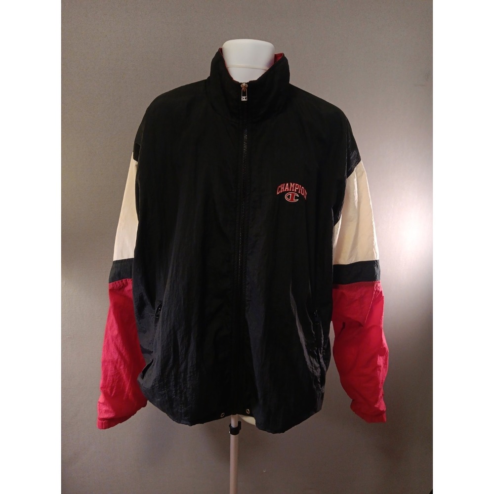 Vintage 90s Y2K Champion Mens 2XL Full Zip Jacket ColorBlock Red Black White Vtg